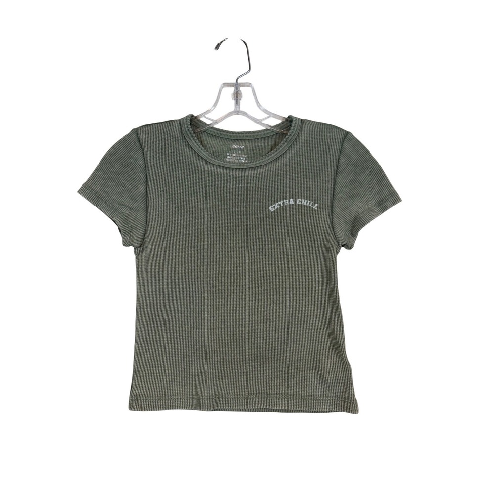 Aerie Extra Chill Waffle Knit Baby Tee Olive Green Short Sleeve Top •S• Y2K